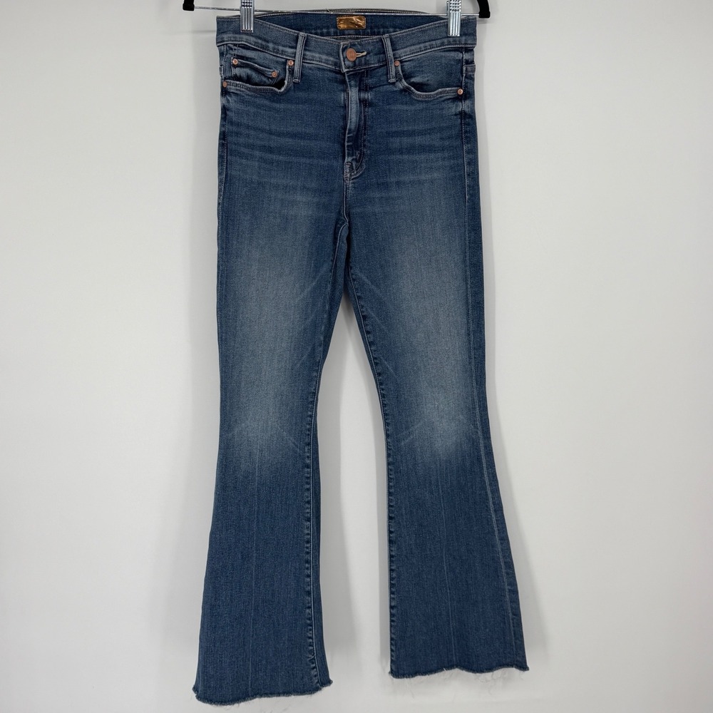 MOTHER The Weekender Fray Jeans Dancing On Coals Blue Flare Raw Hem 27